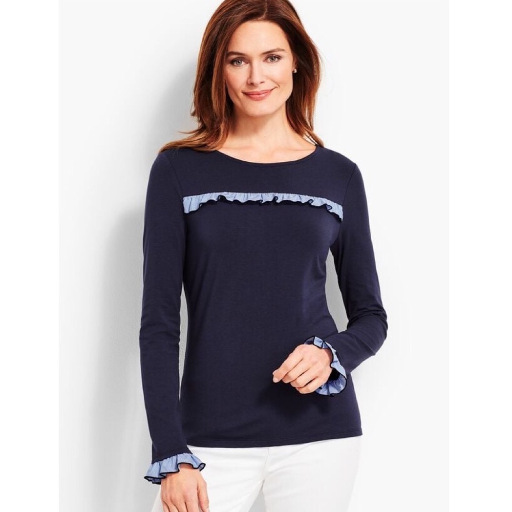 Talbots Ruffle-Yoke Crewneck Top Navy Blue
